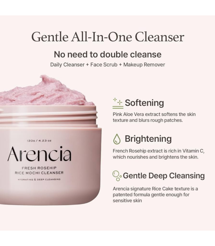 Arencia - Fresh Rosehip Rice Mochi Cleanser - Detergente viso al rosa canina e riso, idratante e lenitivo