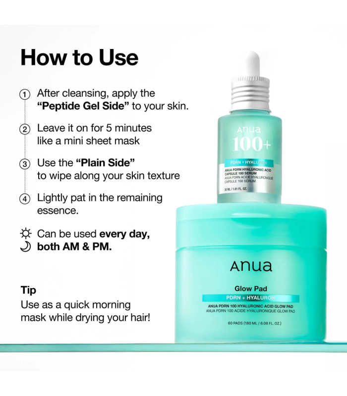 Anua – PDRN 100 Hyaluronic Acid Glow Pad – Dischetti viso illuminanti e idratanti