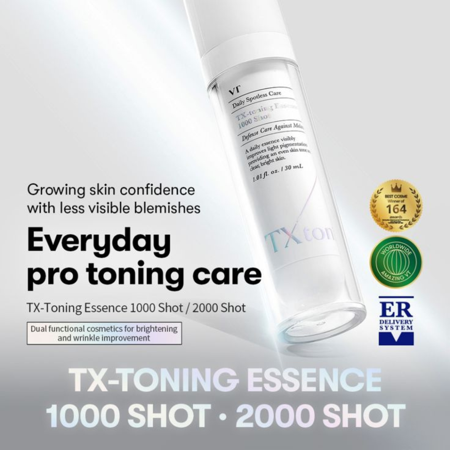 VT Cosmetics - TX-toning Essence 1000 Shot - Essenza viso illuminante anti-macchie con acido tranexamico