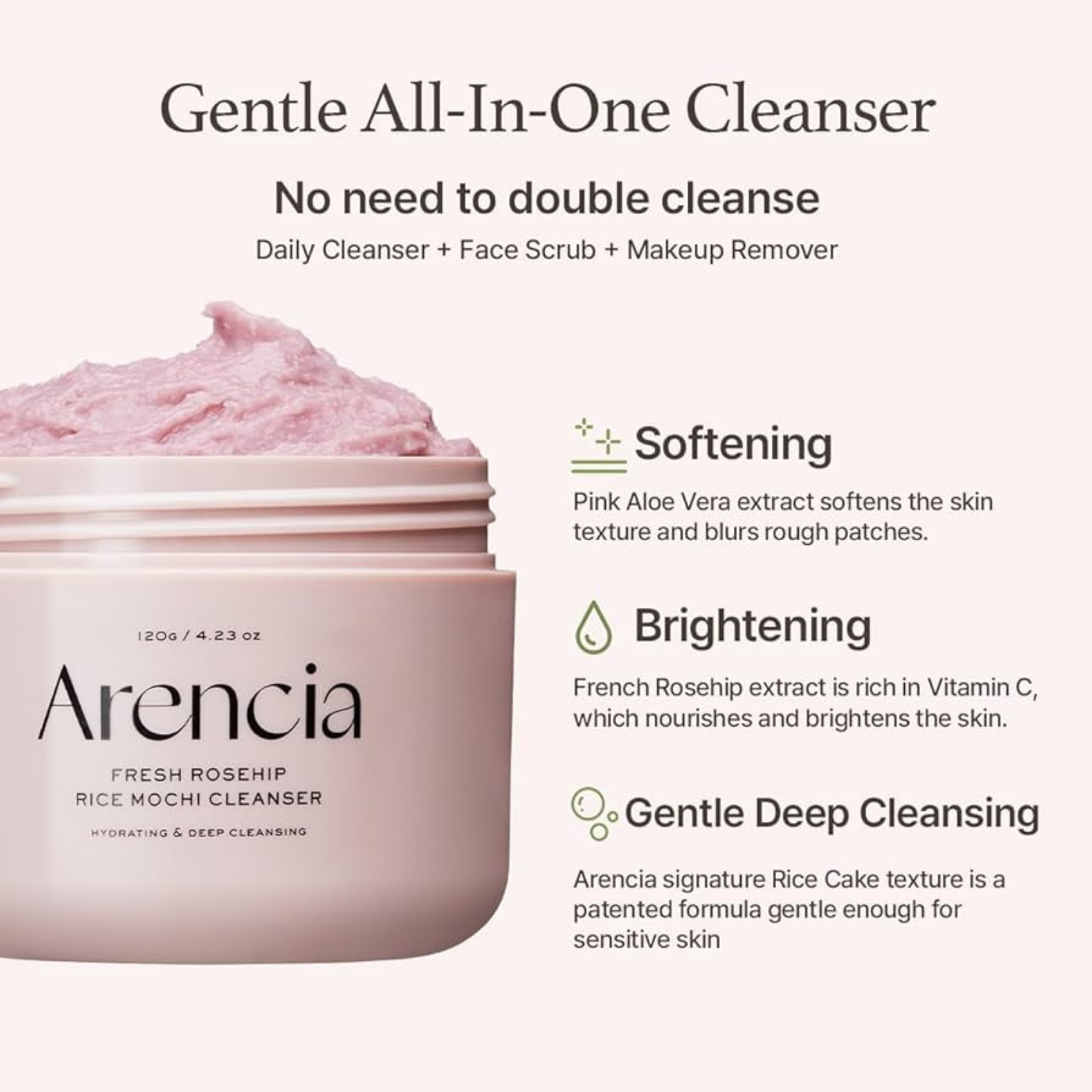 Arencia - Fresh Rosehip Rice Mochi Cleanser - Detergente viso Mochi alla rosa canina rigenerante
